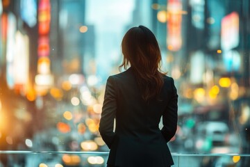 Naklejka na ściany i meble A businesswoman stands in a skyscraper, gazing at the vibrant city lights. Ambition, success, and urban life are visually portrayed.