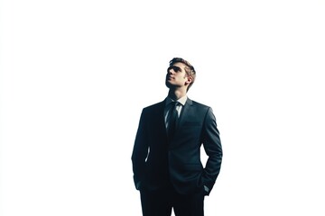 Obraz premium A young businessman in a suit looks upward, contemplating his future prospects and career goals.