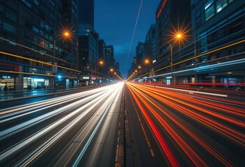 Evening traffic flow in a bustling city center with vibrant light trails