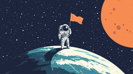 stylized vector illustration of an astronaut in a white spacesuit standing on the surface of a planet with an orange flag. The planet is rendered in turquoise and blue tones, suggesting water.