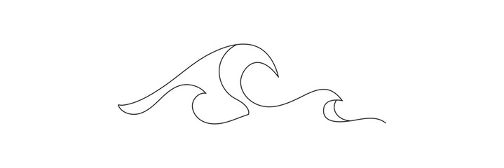 Single continuous line drawing surf ocean waves isolated on white background, also logo idea. Water splashes wave twirl isolated surge sparks breaker. One line draw graphic design vector illustration.
