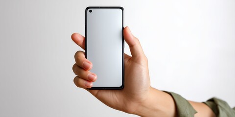 Hand holding a smartphone with a blank screen