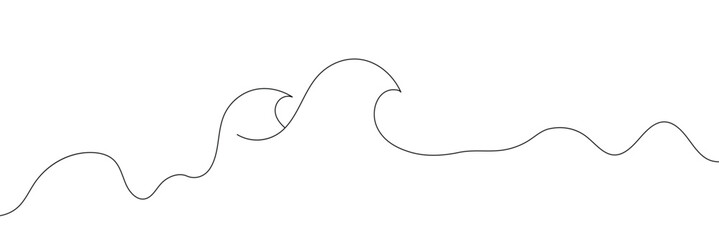 Single continuous line drawing surf ocean waves isolated on white background, also logo idea. Water splashes wave twirl isolated surge sparks breaker. One line draw graphic design vector illustration.