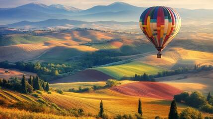 Obraz premium Hot air balloon soars over rolling hills of the Tuscan countryside at sunrise