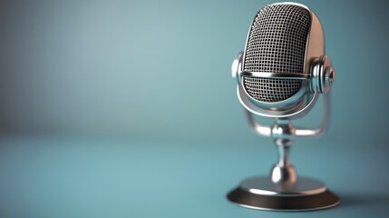 Vintage microphone on teal background, studio shot