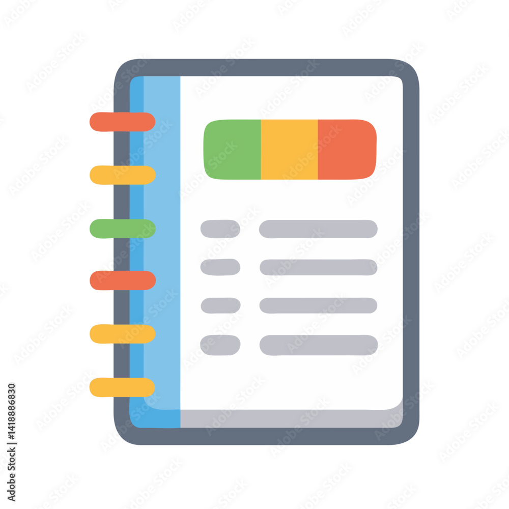 Poster colorful notebook icon with pages and spiral binding