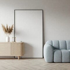 Frame mockup, ISO A paper size. Living room wall poster mockup. Interior mockup with house background. Modern interior design. 3D render