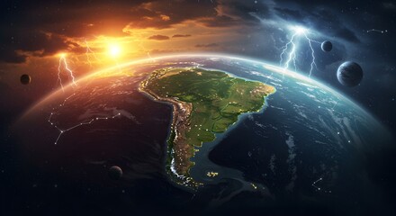 Obraz premium Dramatic depiction of planet earth with lightning strikes and celestial bodies