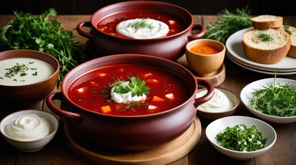 A rustic table setting featuring various bowls and pots of vibrant tomato soup garnished with herbs, surrounded by fresh greens and sour cream