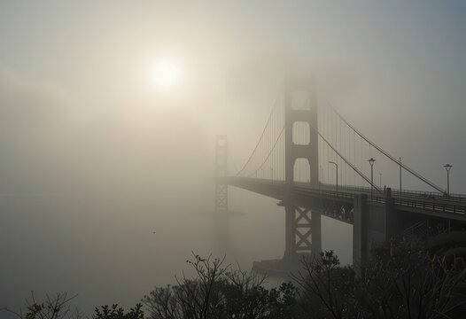 Golden Gate Bridge enveloped in dense fog during early morning hours
