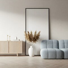 Frame mockup, ISO A paper size. Living room wall poster mockup. Interior mockup with house background. Modern interior design. 3D render