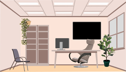 Modern office with a black TV on the wall, potted plants, desk with computer, armchair, shelves. Vector flat colorful illustration