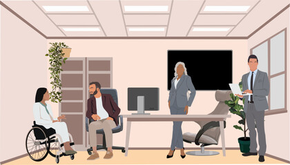 Inclusive business team working in modern office. Diverse businessman and businesswomen wearing formal outfit, suits taking part in meeting, brainstorming, discussing. Vector scene illustration.