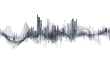 Rendered in grayscale, the image presents an abstracted cityscape, with a skyline depicted not in sharp lines but undulating in soft, smoky, almost ethereal gray forms.
