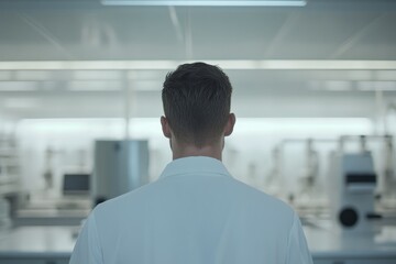 A scientist's back is visible, facing a modern, sterile laboratory filled with high-tech equipment.