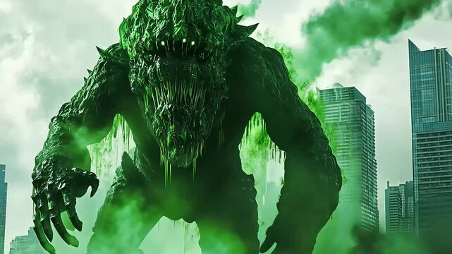 A monstrous creature emerges from green smoke in a cityscape, towering over buildings at dusk