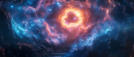 Night sky scene with a glowing ladder reaching up to a hole in the stars, swirling cosmic energy surrounding the portal, generative AI creation