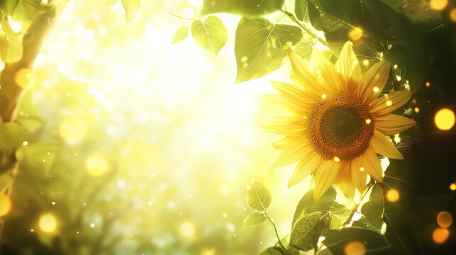 Golden sunflower wreath with fresh leaves, bathed in soft morning light. Radiant summer solstice serenity.