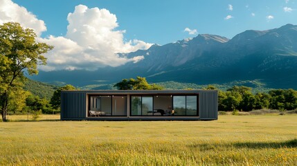 A sleek container house in an open field with a mountain backdrop