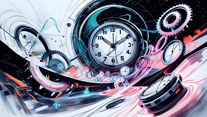 An abstract representation of time travel technology—swirling clocks, transparent wormholes, futuristic gears, and digital anomalies layered in an ethereal space with glitch aesthetics and neon fracta