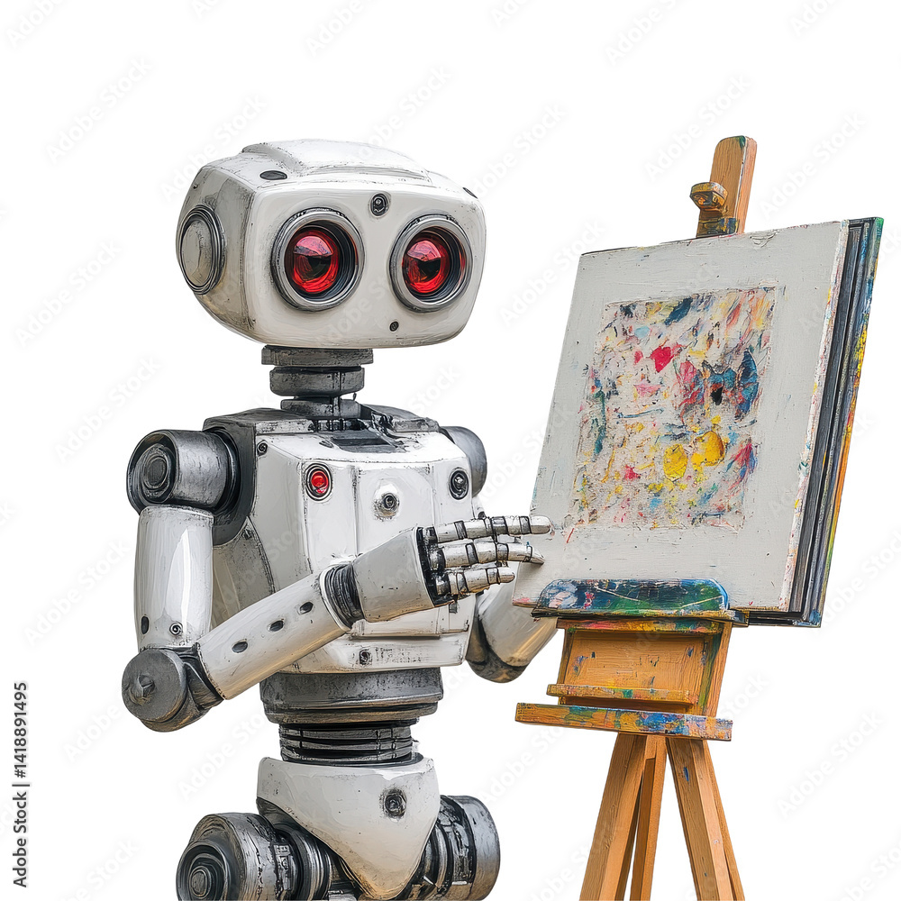 Aufkleber robot creating art by holding a colorful painting on an easel against a transparent background, robo