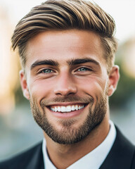 Close-up of a smiling business man, a handsome business tough guy