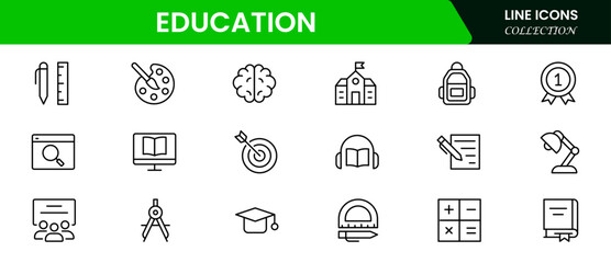 Outline icons of education, studying, and science. Includes the human brain, fields of study, graduation, school, university, and knowledge. Designed for web, mobile, and promo materials. Vector illus