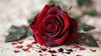 Deep red rose, hearts, delicate