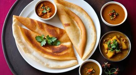 Indian masala dosa served with spicy chutneys and garnished with fresh cilantro on a white plate, displaying vibrant culinary art
