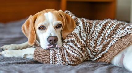 Beagle dog in sweater resting on bed