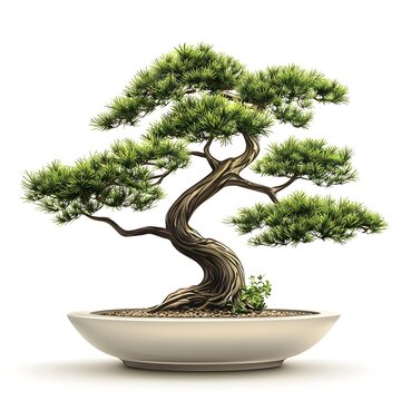 Realistic miniature bonsai tree in a white decorative pot with lush green foliage and twisted trunk, perfect for home decor or gardening display