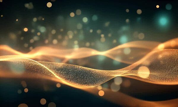  A digital wave of data flowing across the screen, with golden and blue colors against a black background. The waves form an abstract landscape with hills or mountains made from glowing dots represent