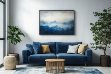 Living room features blue sofa painting plants and circular table