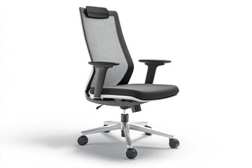 Fototapeta premium Modern ergonomic office chair with mesh back, adjustable arms, and silver base.