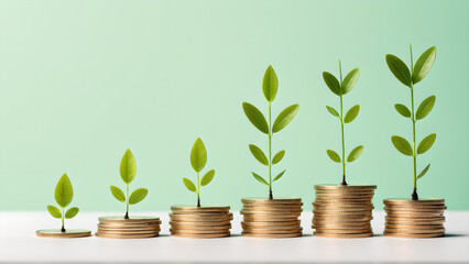 Growth and Investment: Five potted plants, symbolizing growth and prosperity, flourish atop stacks of golden coins, representing financial investment and wealth accumulation.  