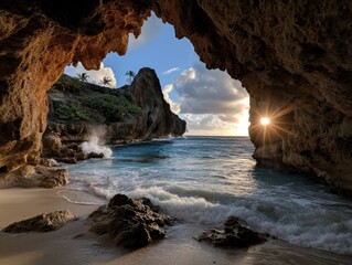 Fototapeta premium Breathtaking Sunrise Over Ocean View Coastal Cave Landscape Photography Tropical Environment Serene Viewpoint
