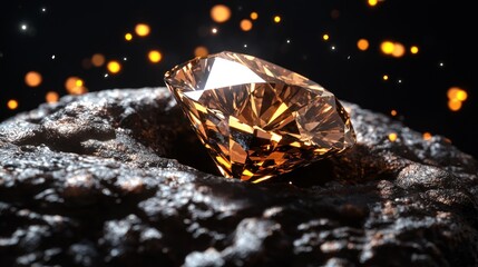 Fototapeta premium Radiant brown diamond on dark rock, sparkling background, jewelry display