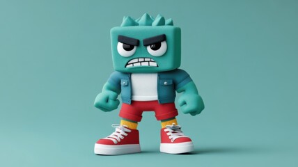 Obraz premium 3D cartoon monster figure with angry expression wea denim vest red shorts and sneakers on a solid background suitable for animated character design and toys