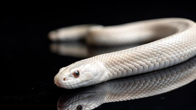 Milk white snake slithering across reflective black surface in mystical environment captivating close up view