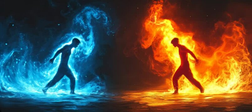 Fire versus water human power. Red versus blue. Political choice. Generative video AI technology.	
