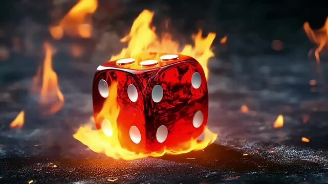 A vibrant red dice engulfed in flames, set against a dark, smoky background, symbolizing risk and chance