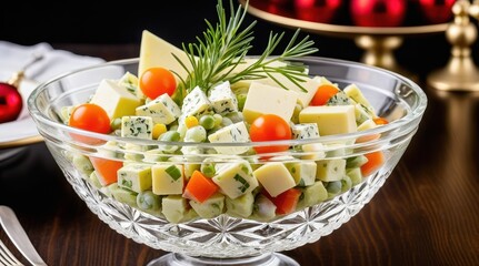 Naklejka premium A vibrant diced vegetable salad featuring peas, carrots, and herbs in a glass bowl with a red napkin, perfect for fresh and healthy cuisine