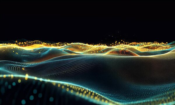  A digital wave of data flowing across the screen, with golden and blue colors against a black background. The waves form an abstract landscape with hills or mountains made from glowing dots represent