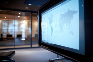 Naklejka premium A large screen displays a world map in a modern office, suggesting global business or communication.