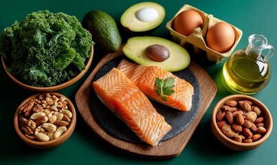 Healthy foods, including salmon, kale, avocados, eggs, nuts, and oil