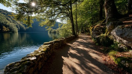 Sunlit Pathway Along Serene Lakeside Trail Nature Exploration Tranquil Environment Scenic Viewpoint