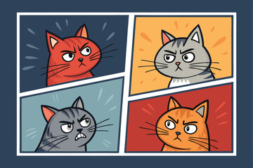 Design a comic panel layout showcasing a cat's diverse emotional states, each in a separate square.  Include expressions of joy, anger, sadness, fear, surprise, and contentment.