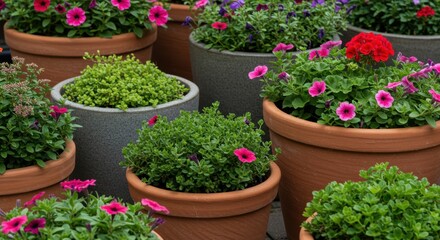 Colorful Flowers in Terracotta and Grey Pots