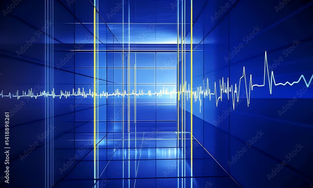 Poster a stock market graph on a blue background with white lines and light rays, a simple design with simp