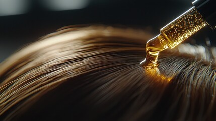 Hair oil application.  Droplet of golden serum applied to healthy brown hair